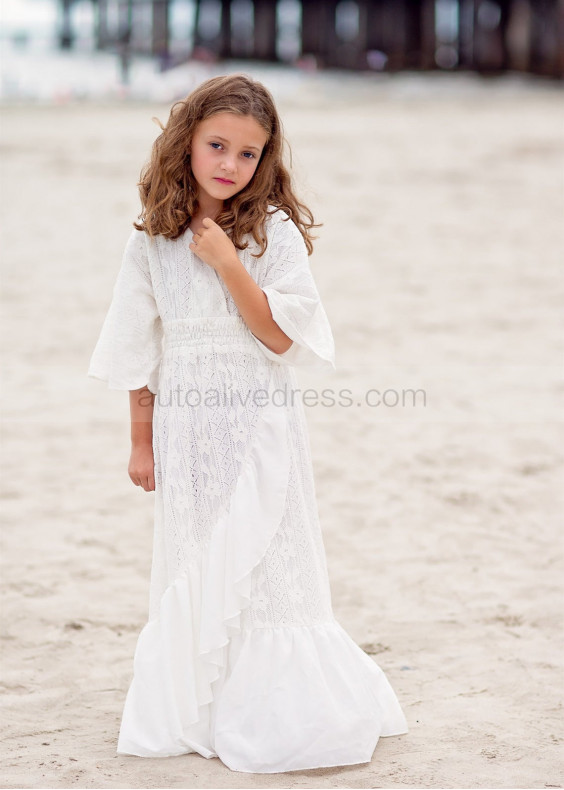 Ivory Lace Chiffon Cascading Ruffle Boho Beach Flower Girl Dress